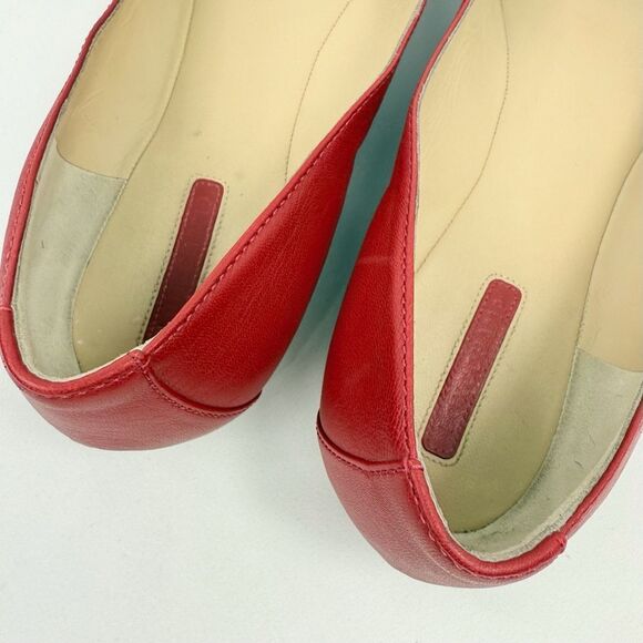 Longchamp Red Leather Logo Snap Toe Italian Made Slip On Classic Ballet Flats - Picture 11 of 15